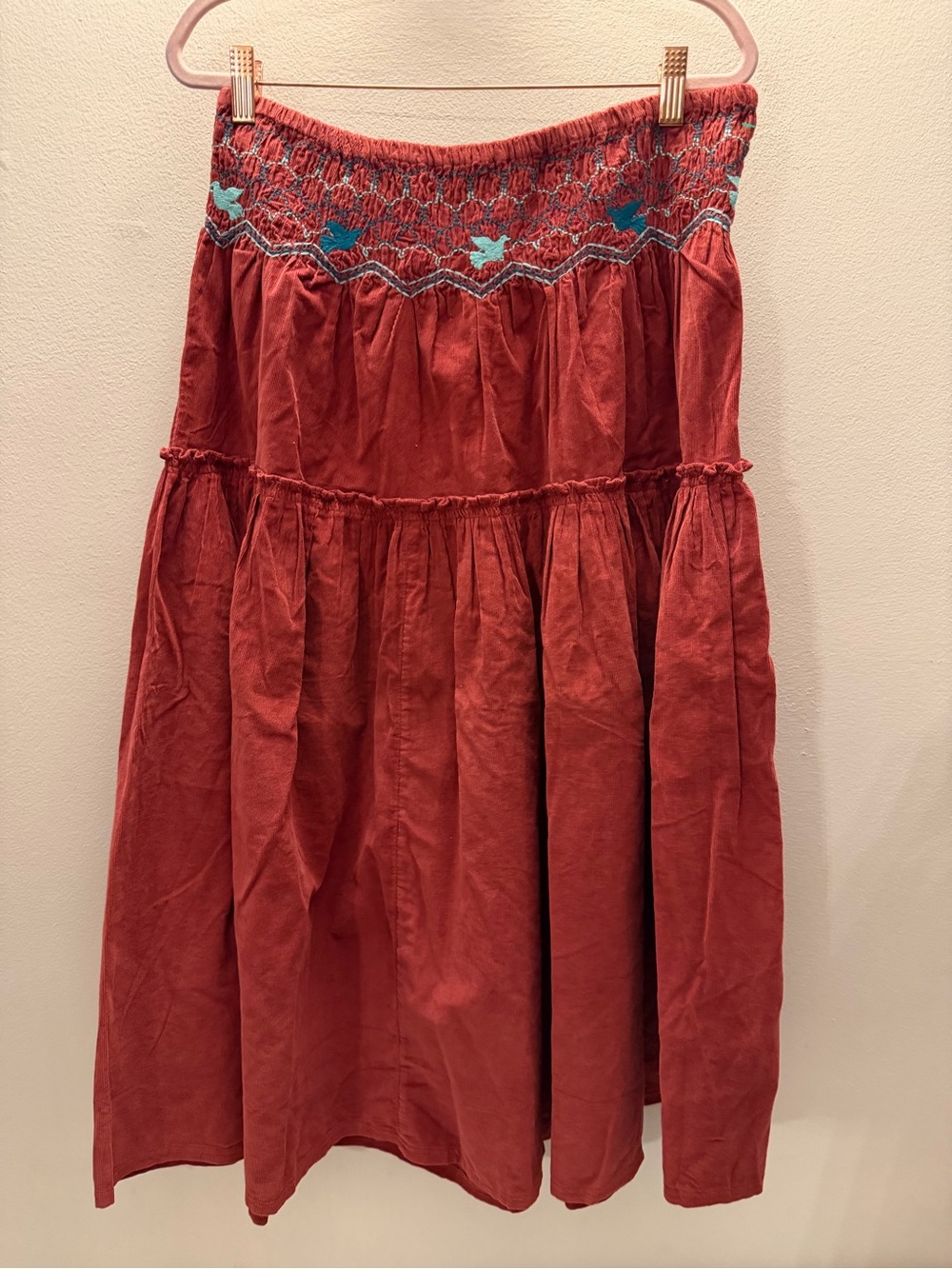 Free People Smocked Tiered Corduroy Midi Skirt Rust / Terracotta Birds Medium